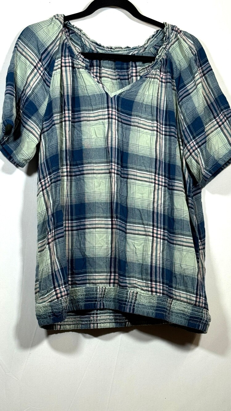 Plaid Blouse Short Sleeve Elastic Neckline Casual Top